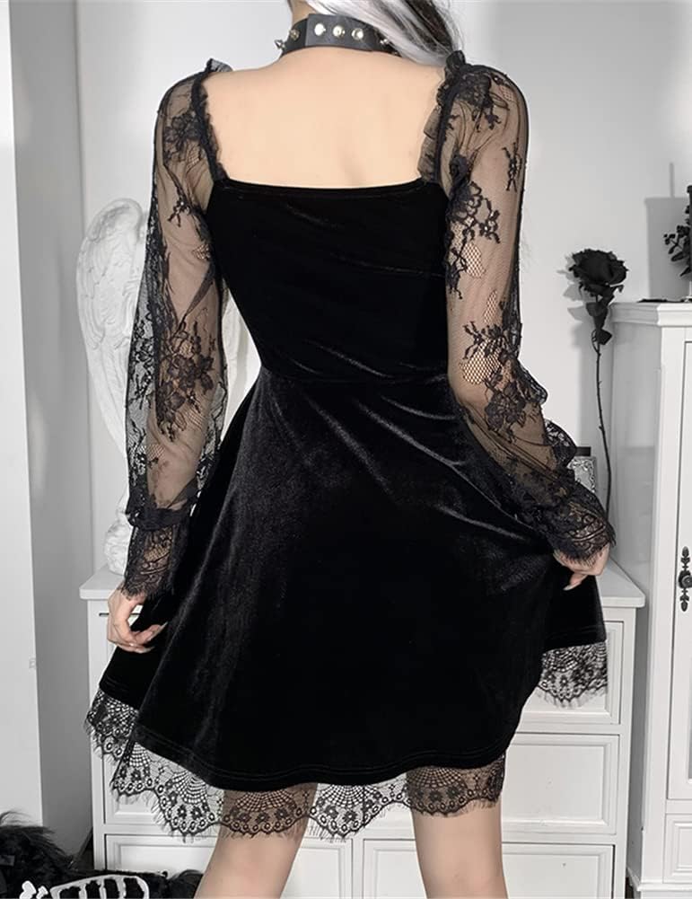 LANSHULAN Store Lace Long Sleeve Dress Black Draped Bodycon Goth Vintage Dresses Clothes - Image 4